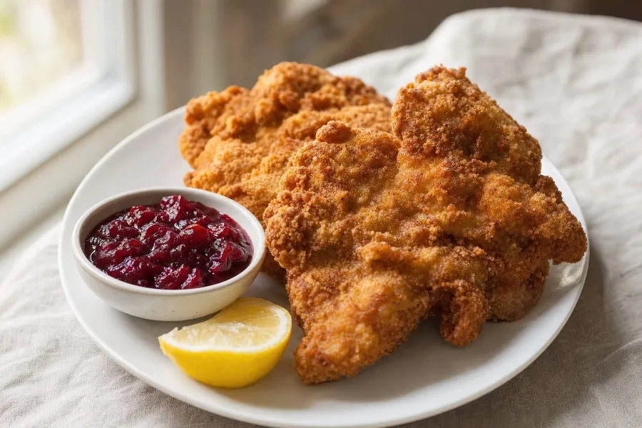 Goldbraun gebackenes Backhendl auf einem weißen Teller mit Preiselbeeren und einer Zitronenspalte auf einem Leinentischtuch am Fenster