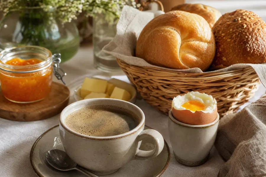 Frühstückstisch mit Kaffee, Semmeln im Korb, Butter, Marillenmarmelade und einem weichen Ei im Morgenlicht