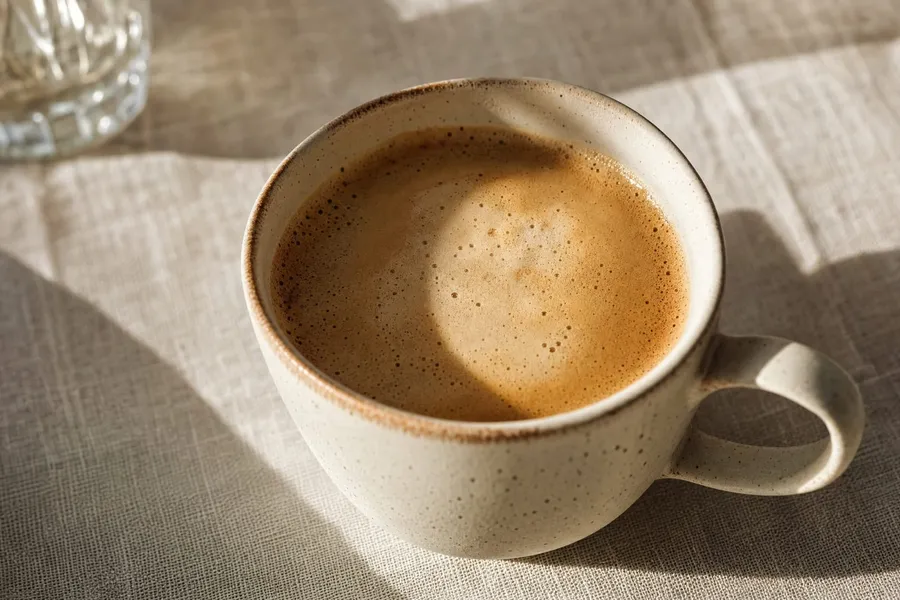 Eine Tasse Kaffee mit Crema auf einem Leinentischtuch in der Morgensonne