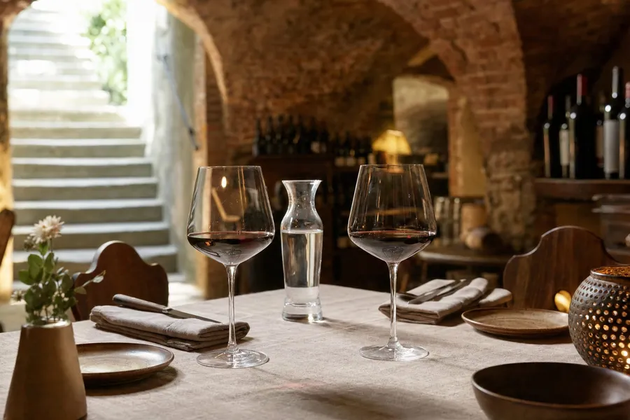 Gedeckter Tisch mit zwei Gläsern Rotwein und einer Karaffe in einem alten Gewölbekeller mit Weinregalen