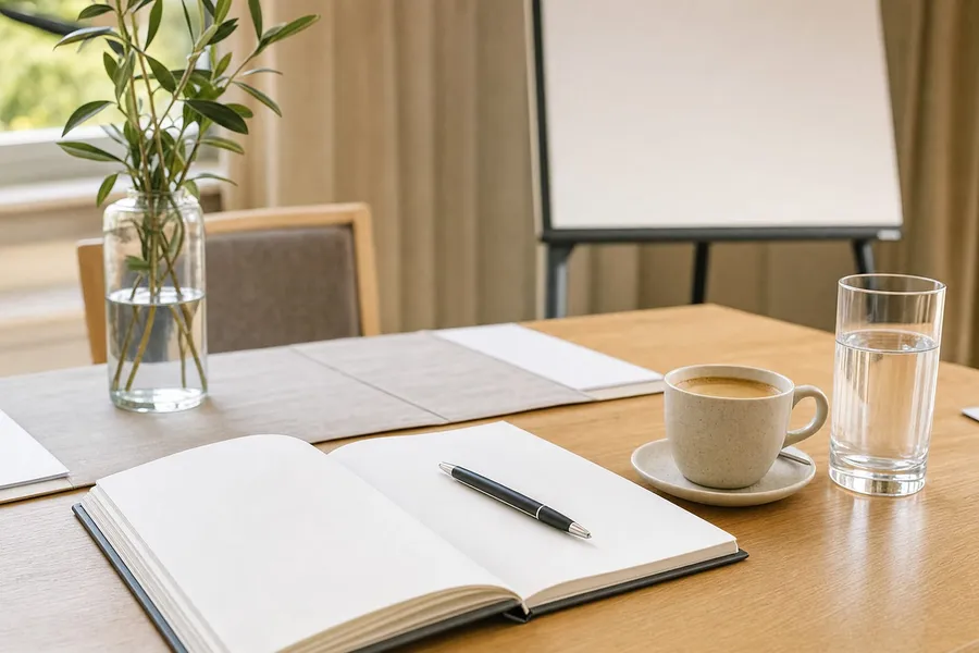 Aufgeschlagener Notizblock mit Stift, eine Tasse Kaffee und ein Glas Wasser auf einem hellen Holztisch, dahinter ein Flipchart im Tageslicht