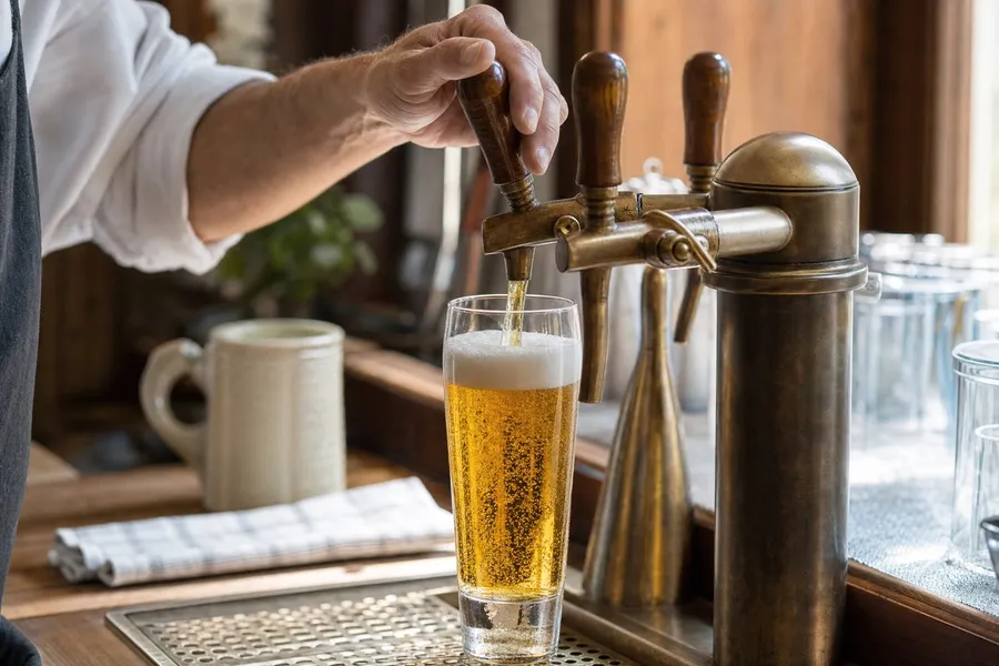Eine Hand am Messing-Zapfhahn, ein Glas füllt sich mit hellem Bier und Schaum an einer Holztheke
