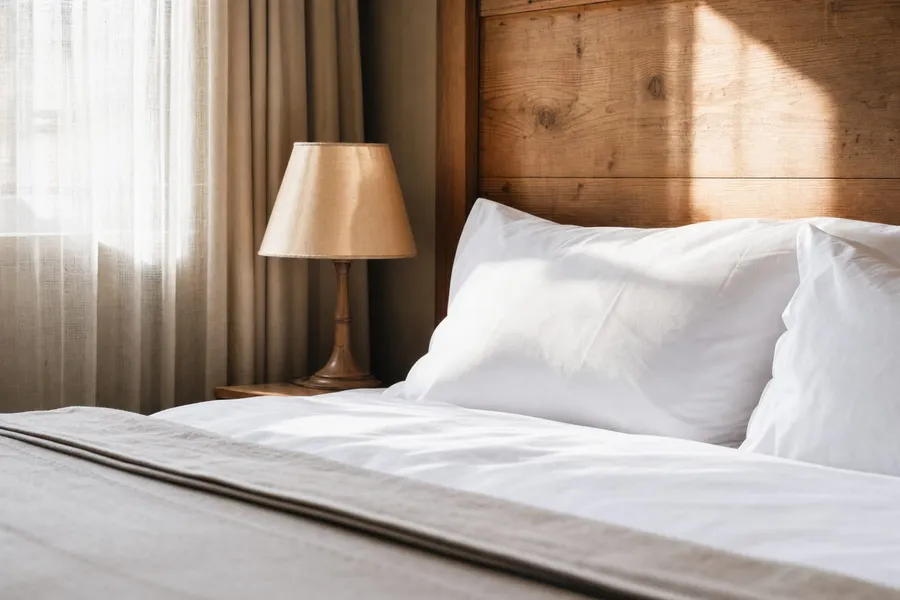 Gemachtes Bett mit weißer Wäsche, Holzkopfteil und Nachttischlampe, Morgensonne durch den Vorhang